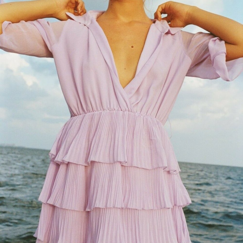 🍀 ZARA PLEATED RUFFLED LILAC DRESS WITH BELT_14